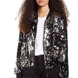 Women's Socialite Sequin Bomber Jacket, Size‎ Small Black Silver Glitter Excel